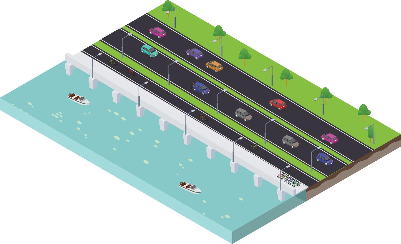 isometrische szene der fahrradspur mit straße in der nähe des meeres vektor