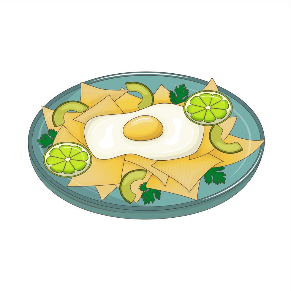 Traditionelles mexikanisches Gericht sind Chilaquiles. knusprige Maistortillas mit Ei, Kräutern und Limette. Vektor-Illustration. Karikatur. vektor
