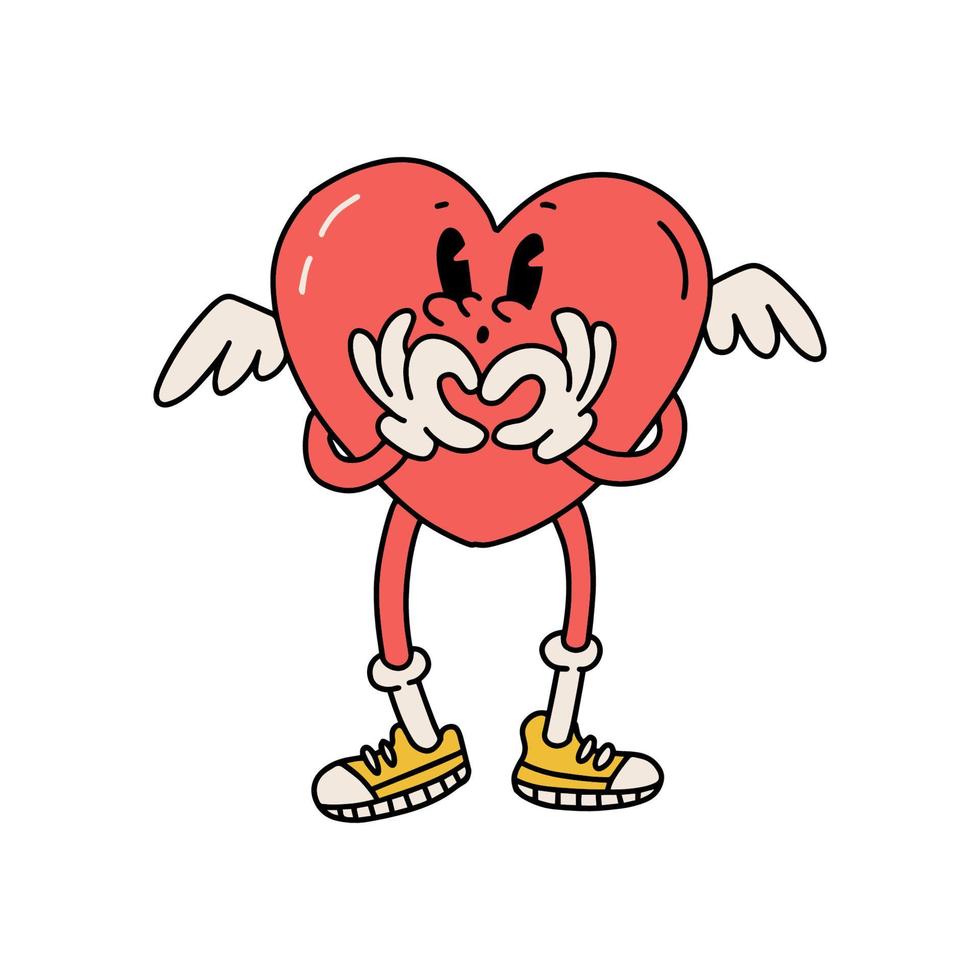 isolerat bild av en retroo tecknad serie hjärta som visar en hjärta form med händer. årgång karaktär visar hjärta gest i klotter toons stil isolerat på vit bakgrund. vektor valentine linje illustration.