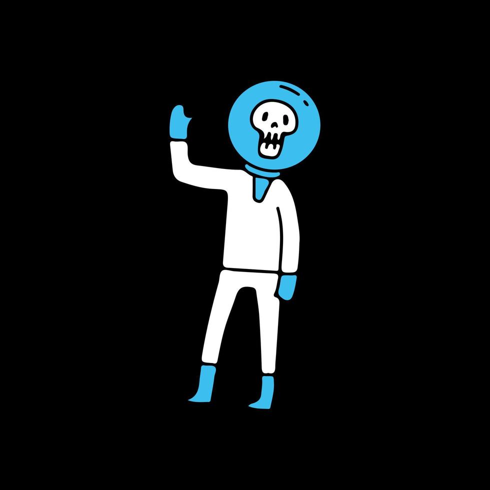 Totenkopf-Astronaut mit Hallo-Geste, Illustration für T-Shirt, Aufkleber oder Bekleidungswaren. mit Doodle-, Retro- und Cartoon-Stil. vektor