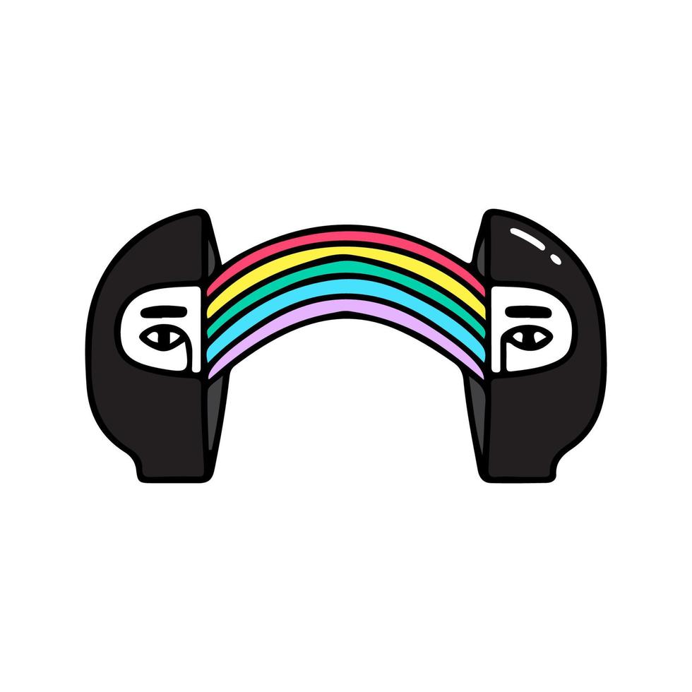 Zwei Hälften des Mannkopfes mit Räubermaske mit Regenbogen im Inneren, Illustration für T-Shirt, Straßenkleidung, Aufkleber oder Bekleidungswaren. mit Doodle-, Retro- und Cartoon-Stil. vektor