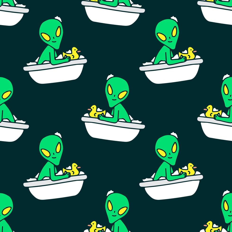 trendiger alien auf badewanne, nahtlose musterillustration des hintergrundes für t-shirt, aufkleber oder bekleidungswaren. mit Retro- und Doodle-Cartoon-Stil. vektor