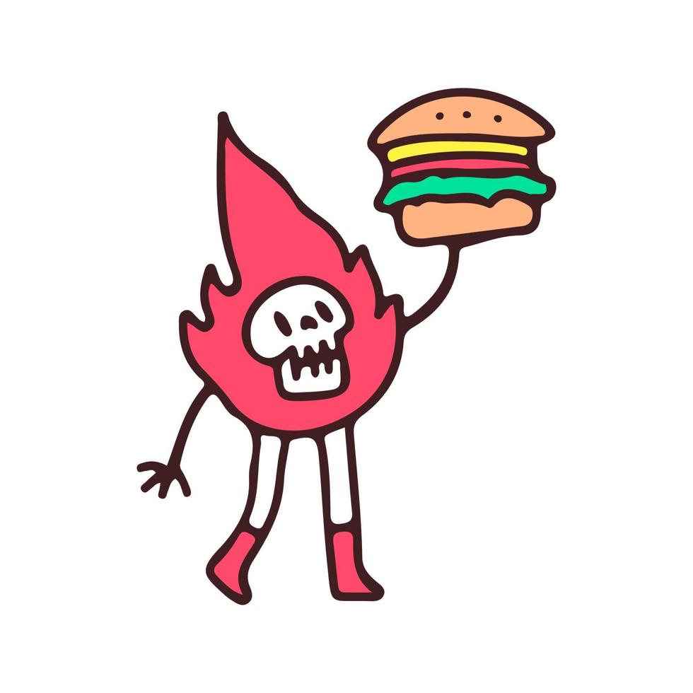 brand skalle med burger maskot karaktär, illustration för t-shirt, gata ha på sig, klistermärke, eller kläder handelsvaror. med retro, och tecknad serie stil. vektor