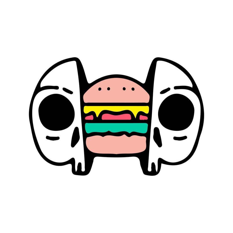 Schädelkopf mit Hamburger darin. illustration für streetwear, t-shirt, poster, logo, aufkleber oder bekleidungswaren. Retro- und Pop-Art-Stil. vektor