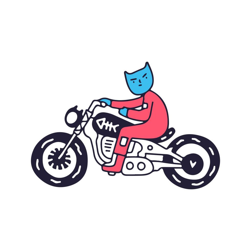 coole Katze, die ein Motorrad fährt, Illustration für T-Shirt, Aufkleber oder Bekleidungswaren. mit Doodle-, Retro- und Cartoon-Stil. vektor