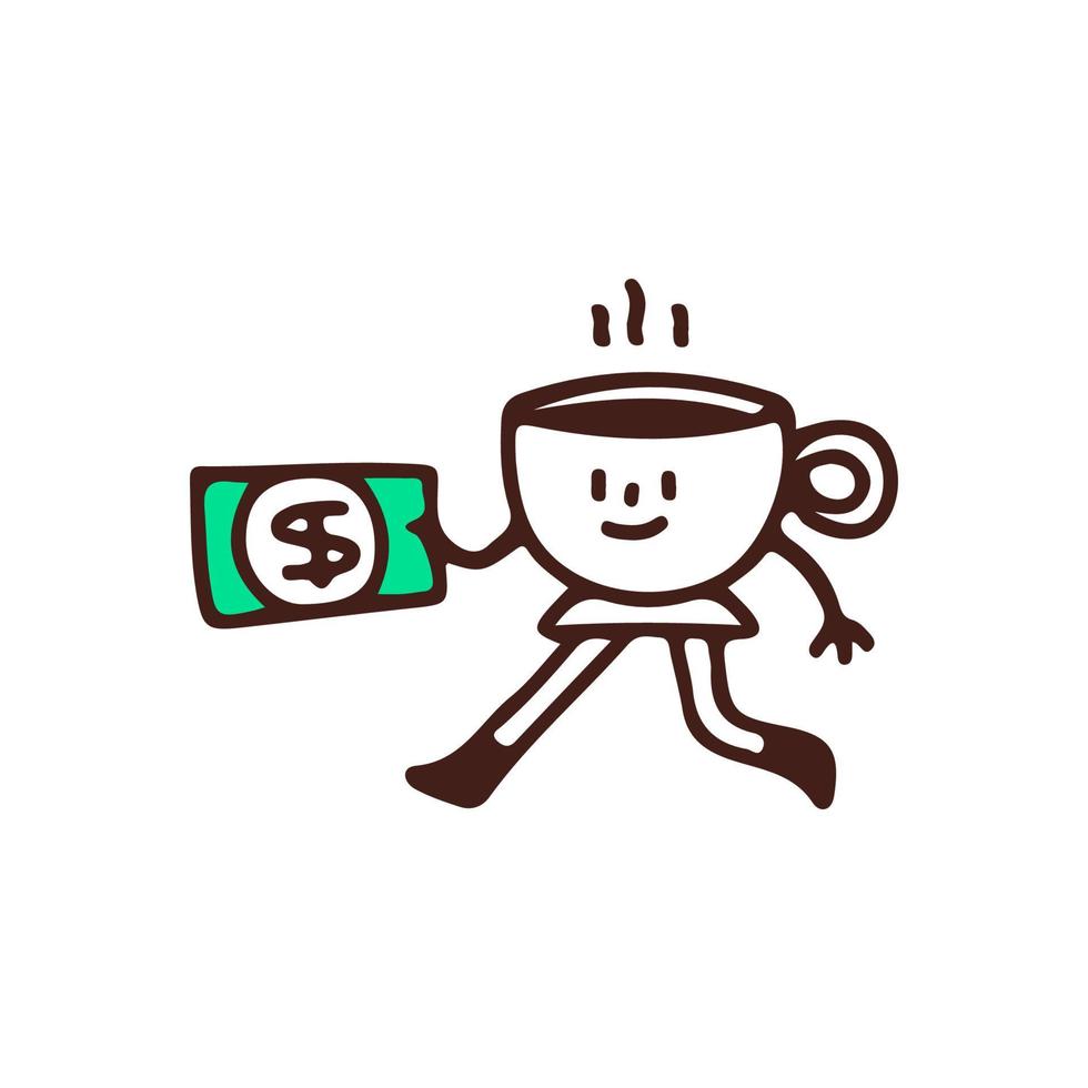 kopp av kaffe karaktär innehav dollar kontanter, illustration för t-shirt, klistermärke, eller kläder handelsvaror. med klotter, retro, och tecknad serie stil. vektor