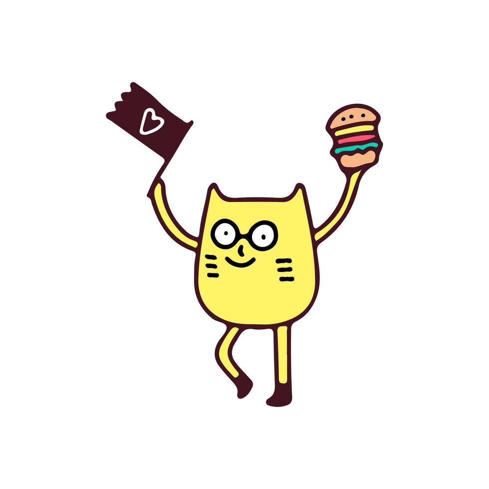 fint katt innehav flagga och hamburgare, illustration för t-shirt, affisch, klistermärke, eller kläder handelsvaror. med retro tecknad serie stil vektor