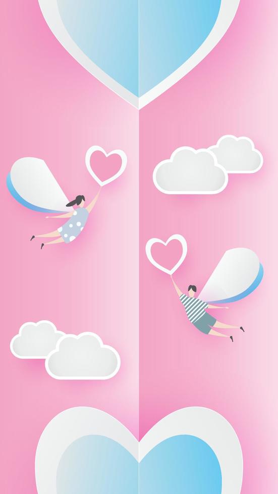 valentine härlig glad på rosa papper bakgrund begrepp. med text kärlek 14 februari, pojke och flicka flyga med hjärta ballong, himmel, vektor. design för valentine kort, gåva, affisch, papper skära, gräns, aning vektor