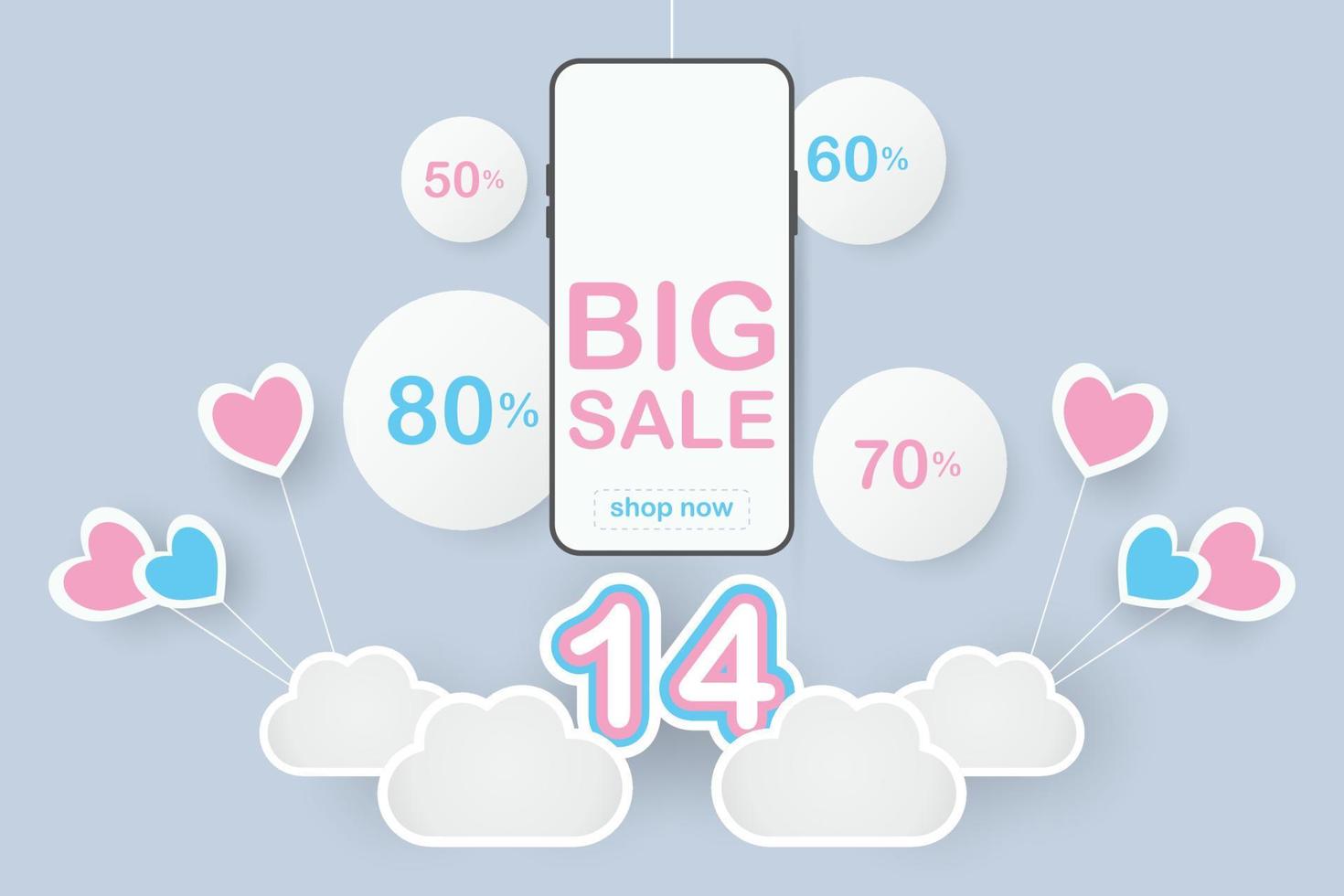 valentine verkaufsförderung handy abstrakt. großer verkaufsrabatt mit prozent 80, 70, 60, 50 und rosa herz, valentinstag schön, weißer kreisvektor. design für banner, sommerschlussverkauf, valentinstag. vektor