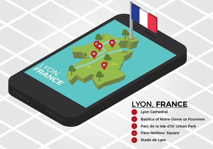 Lyon Karta Isometrisk Telefon Gratis Vektor
