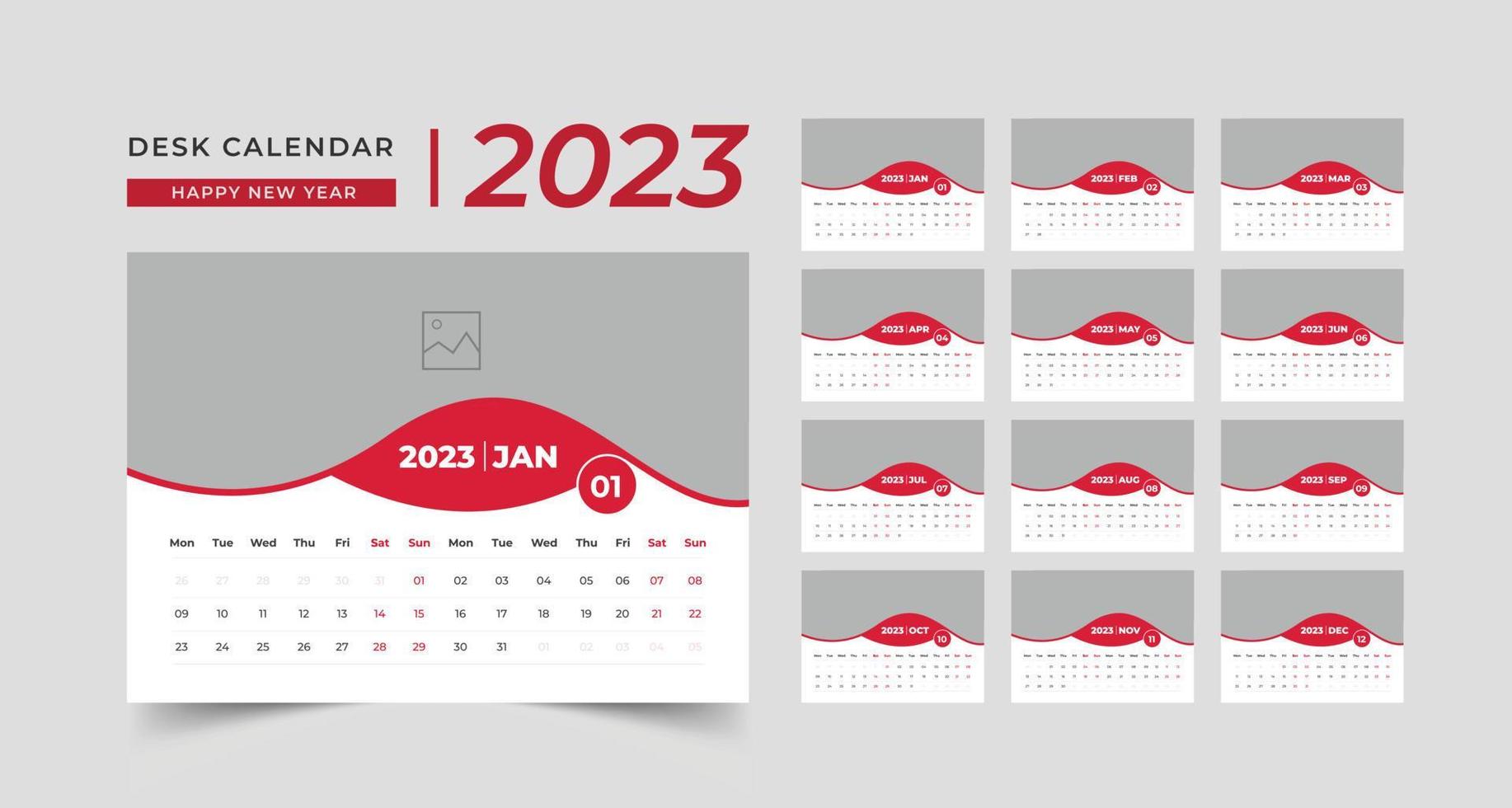 uppsättning skrivbord kalender 2023 mall kreativ design, 12 månader ingår, företags- skrivbord kalender vektor