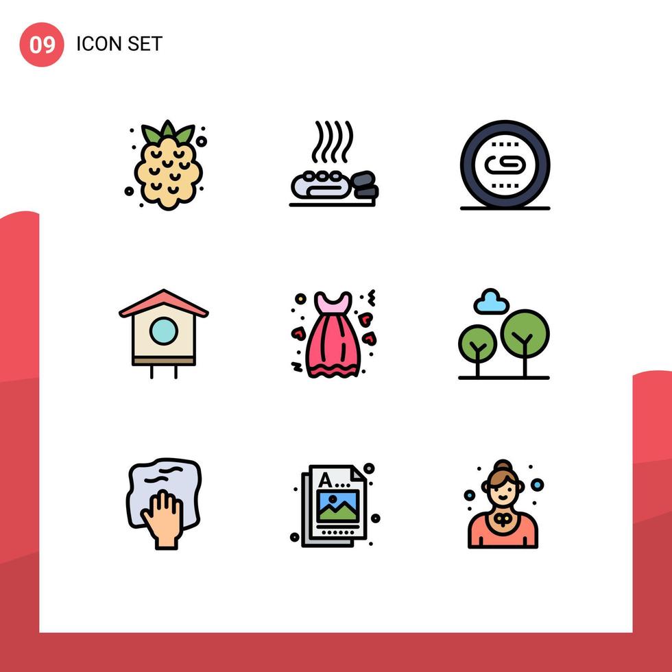 mobil gränssnitt fylld linje platt Färg uppsättning av 9 piktogram av vår fågel spa hus optimering redigerbar vektor design element