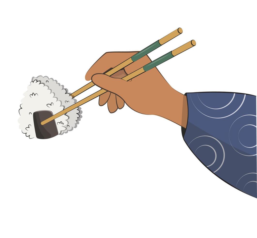 japanische küche, hand mit essstäbchen, asiatisches essen. für Restaurantmenüs und Plakate. Lieferstellen Vektor flache Illustration isoliert auf weißem Hintergrund. Sushi-Rollen-Onigiri-Sojasauce-Set. Stock