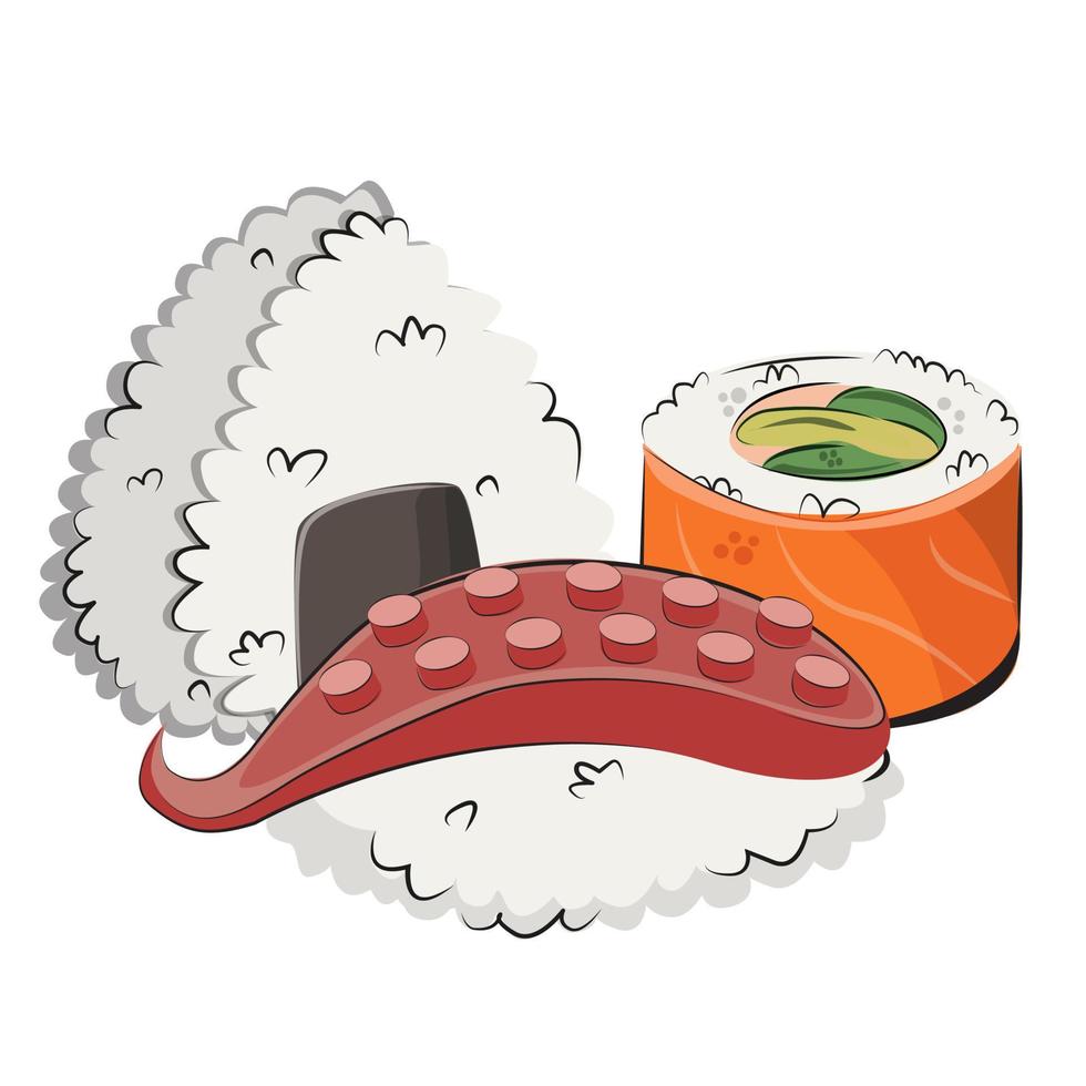 japanische Küche, asiatisches Essen. für Restaurantmenüs und Plakate. Lieferstellen Vektor flache Illustration isoliert auf weißem Hintergrund. Sushi-Rollen-Onigiri-Sojasauce-Set. Bild auf Lager.