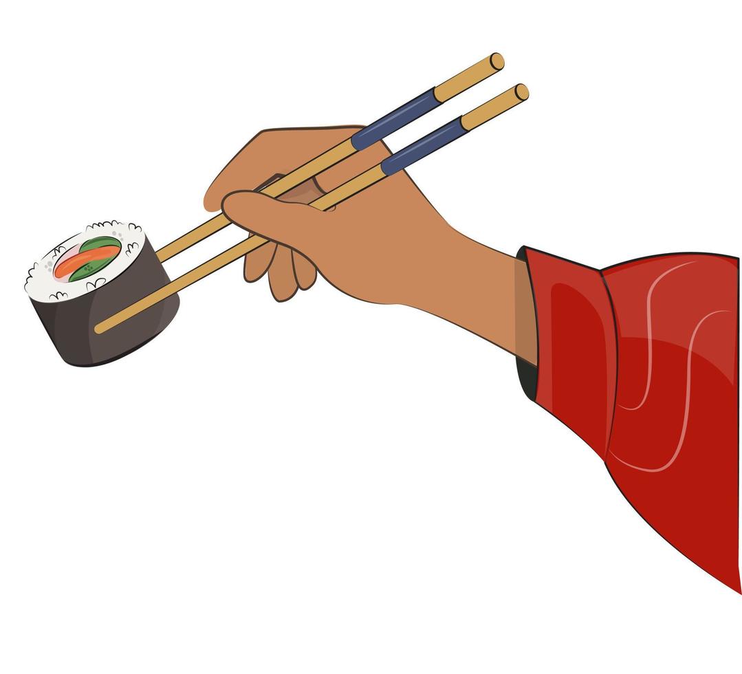 japanische küche, hand mit essstäbchen, asiatisches essen. für Restaurantmenüs und Plakate. Lieferstellen Vektor flache Illustration isoliert auf weißem Hintergrund. Sushi-Rollen-Onigiri-Sojasauce-Set. Stock