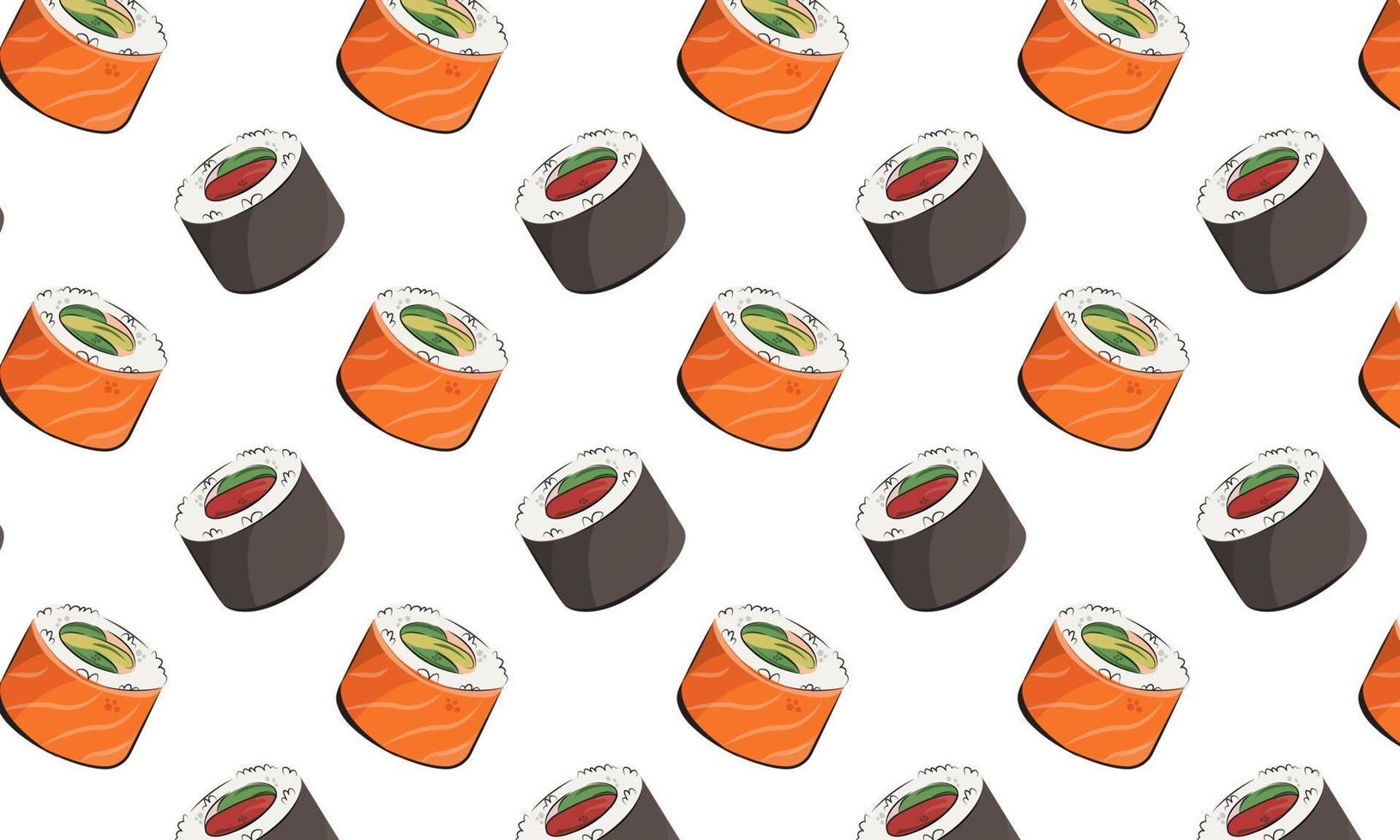 apanesische Küche, Essen. flache Illustration des Vektormusters lokalisiert auf weißem Hintergrund. sushi rollt onigiri sojasoße set nahtloses muster. Bild auf Lager. für Restaurantmenüs und Plakate. Lieferung vektor