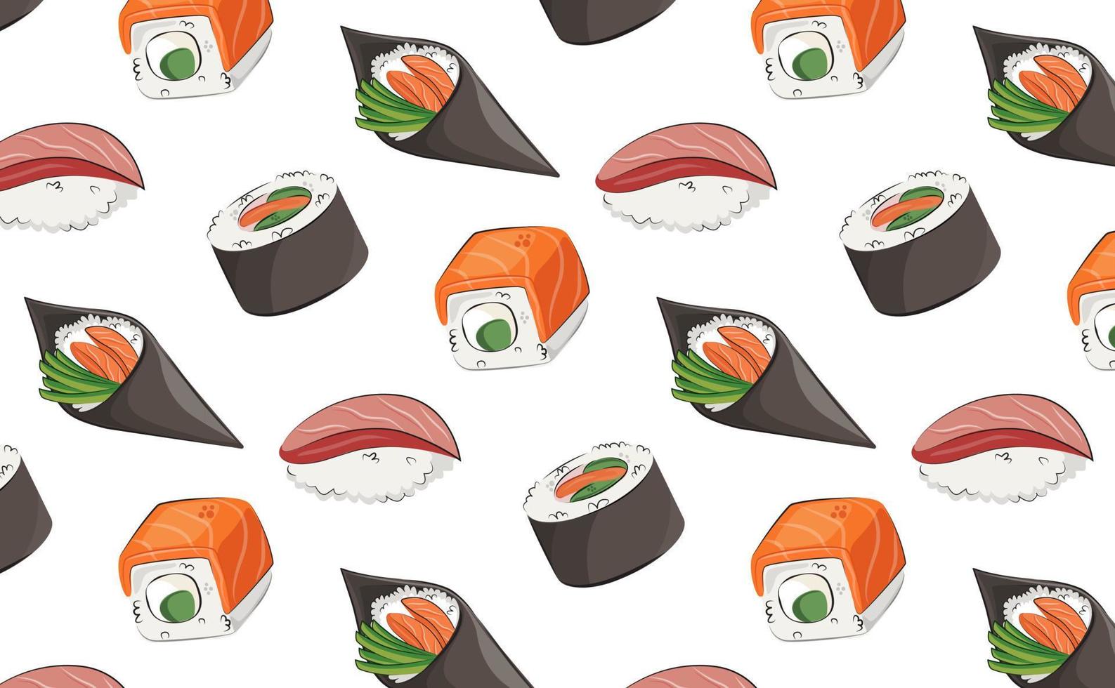 apanese kök, mat. vektor mönster platt illustration isolerat på vit bakgrund. sushi rullar onigiri soja sås uppsättning sömlös mönster. stock bild. för restaurang menyer och affischer. leverans