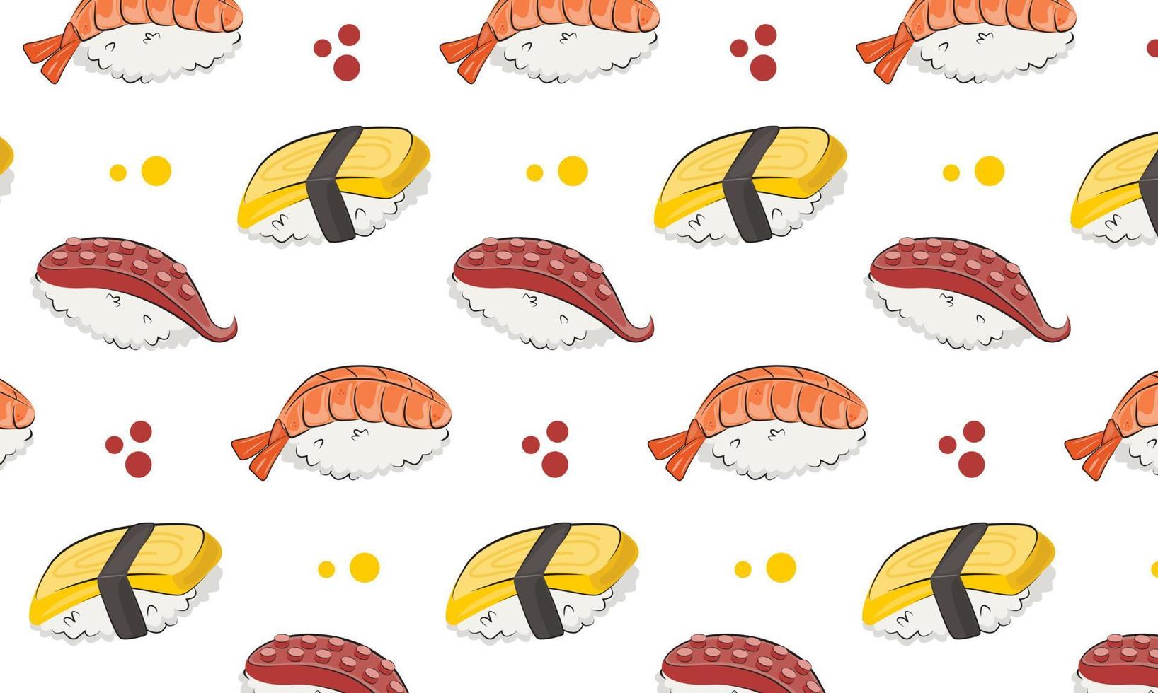 apanesische Küche, Essen. flache Illustration des Vektormusters lokalisiert auf weißem Hintergrund. sushi rollt onigiri sojasoße set nahtloses muster. Bild auf Lager. für Restaurantmenüs und Plakate. Lieferung vektor