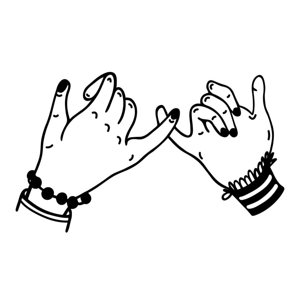 gekreuztes Pinky-Vektorsymbol. Zwei weibliche Hände werden von kleinen Fingern gehalten. symbol des versprechens, schwören, unterstützen. Geste der romantischen Beziehung. einfaches Gekritzel getrennt auf Weiß. Cliparts für Karten, Drucke vektor