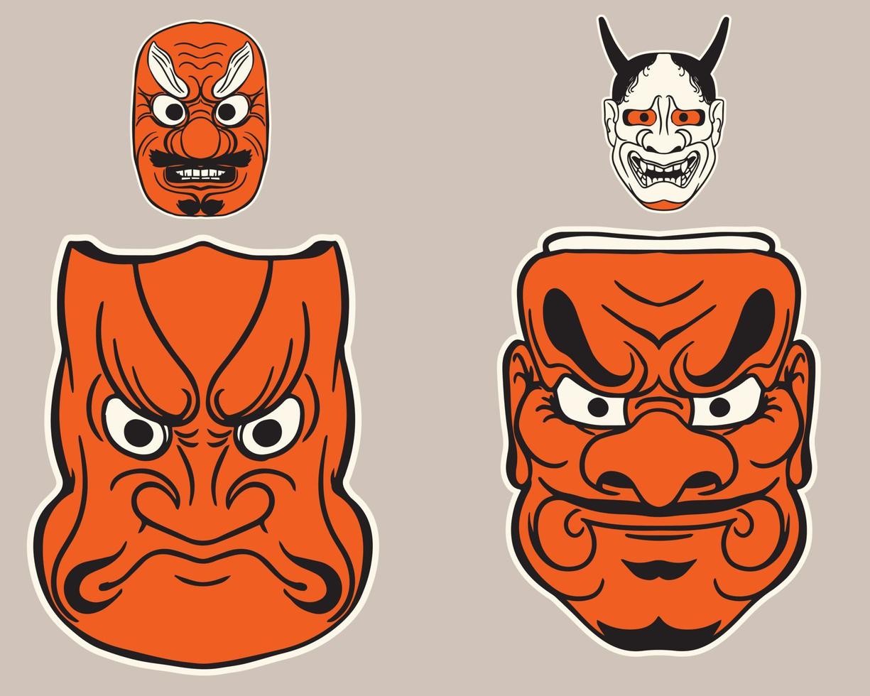 Masken Sammlung. satz isolierter traditioneller masken der japanischen sorte. farbige flache grafische vektorillustration von hannya, ethnisches asiatisches kostüm lokalisiert. verschiedene traditionelle Maskerade vektor