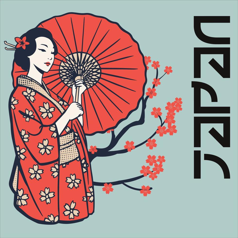 geisha. japansk kvinna.japanska baner. skön japansk kvinna med hårnålar på vit bakgrund med röd paraply. vektor