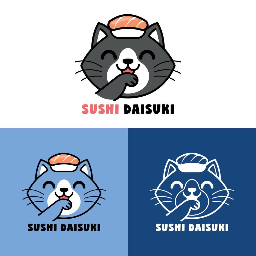 söt katt med en sushi på hans huvud tecknad serie logotyp uppsättning vektor