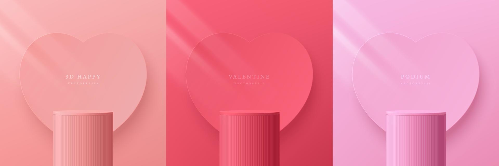 uppsättning av 3d valentine dag bakgrund med rosa, korall röd realistisk cylinder stå podium. hjärta form bakgrund. vektor geometrisk form. attrapp produkt visa. pastell minimal vägg scen. skede monter.