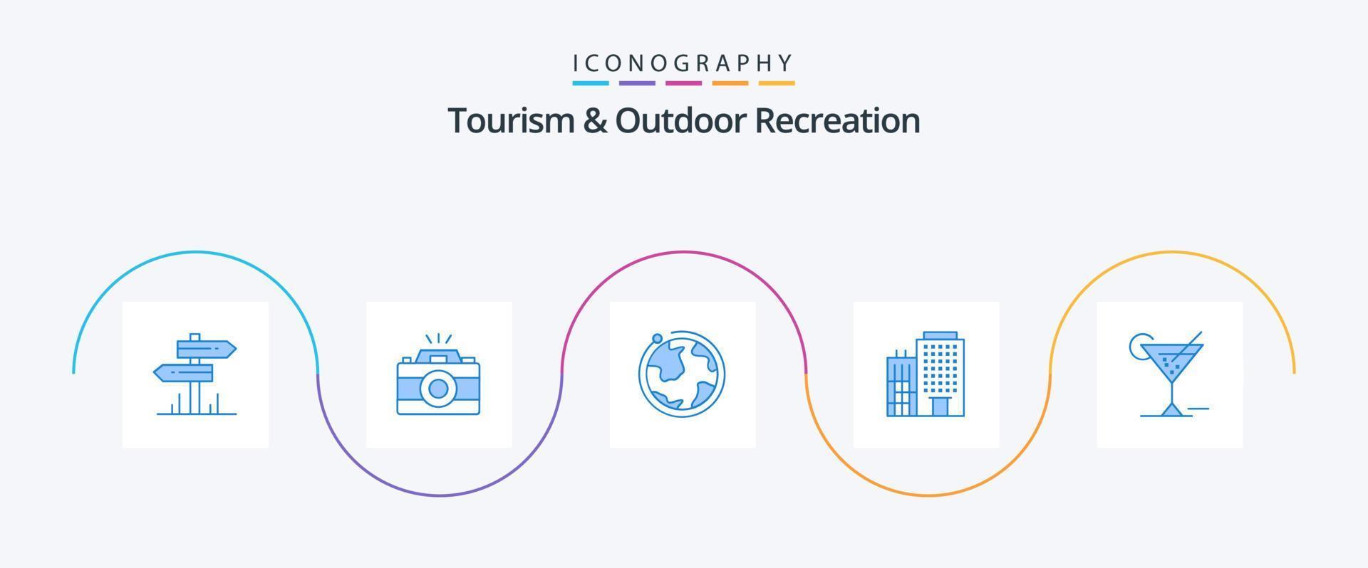 tourismus und outdoor-erholung blau 5 icon pack inklusive brille. Bedienung. Globus. Zuhause. Hotel vektor