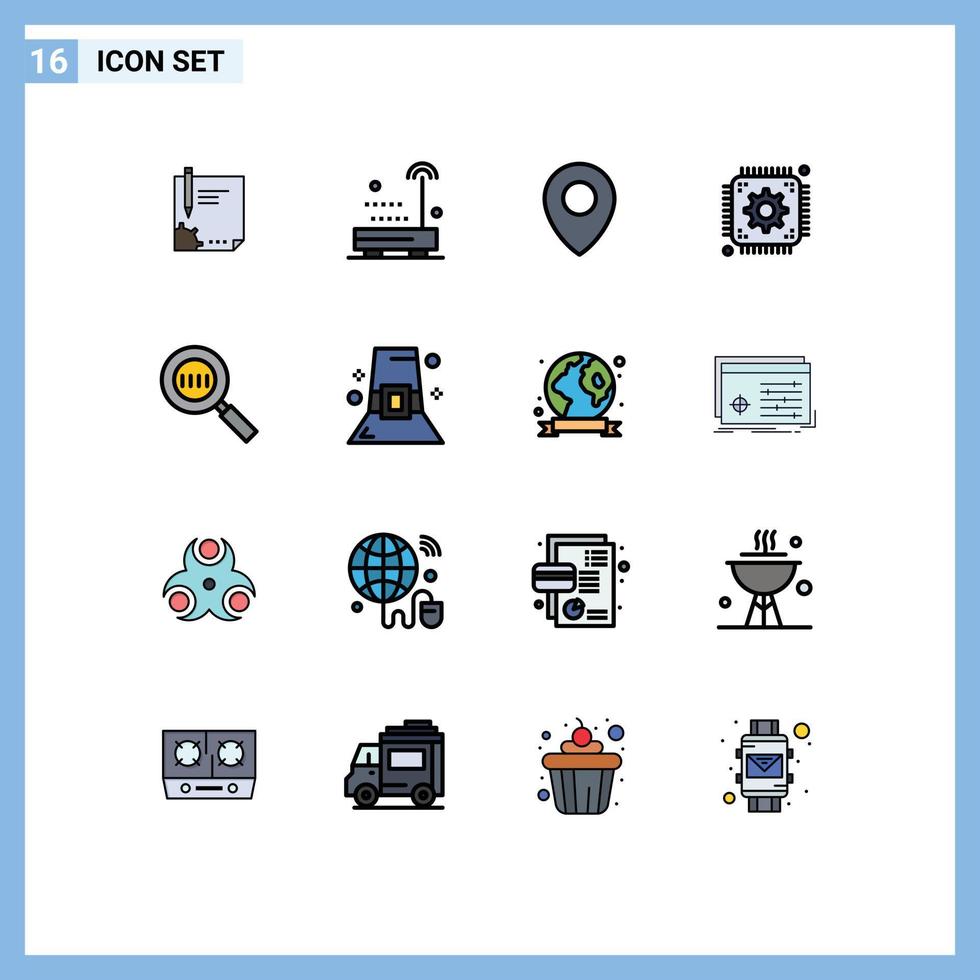 Packung mit 16 modernen, flachen, farbgefüllten Linienzeichen und Symbolen für Web-Printmedien wie Web-Setting-Radio-Chip-Karte, editierbare kreative Vektordesign-Elemente vektor