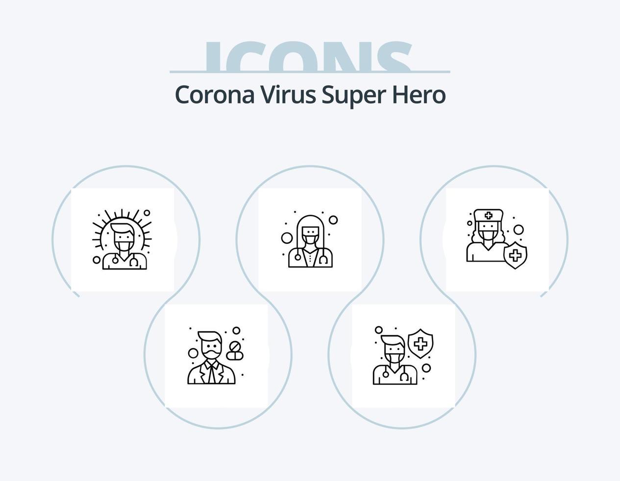 Corona-Virus-Superhelden-Linien-Icon-Pack 5-Icon-Design. Arzt. weiblich. Arzt. Verkehrspolizei. Gewalt vektor