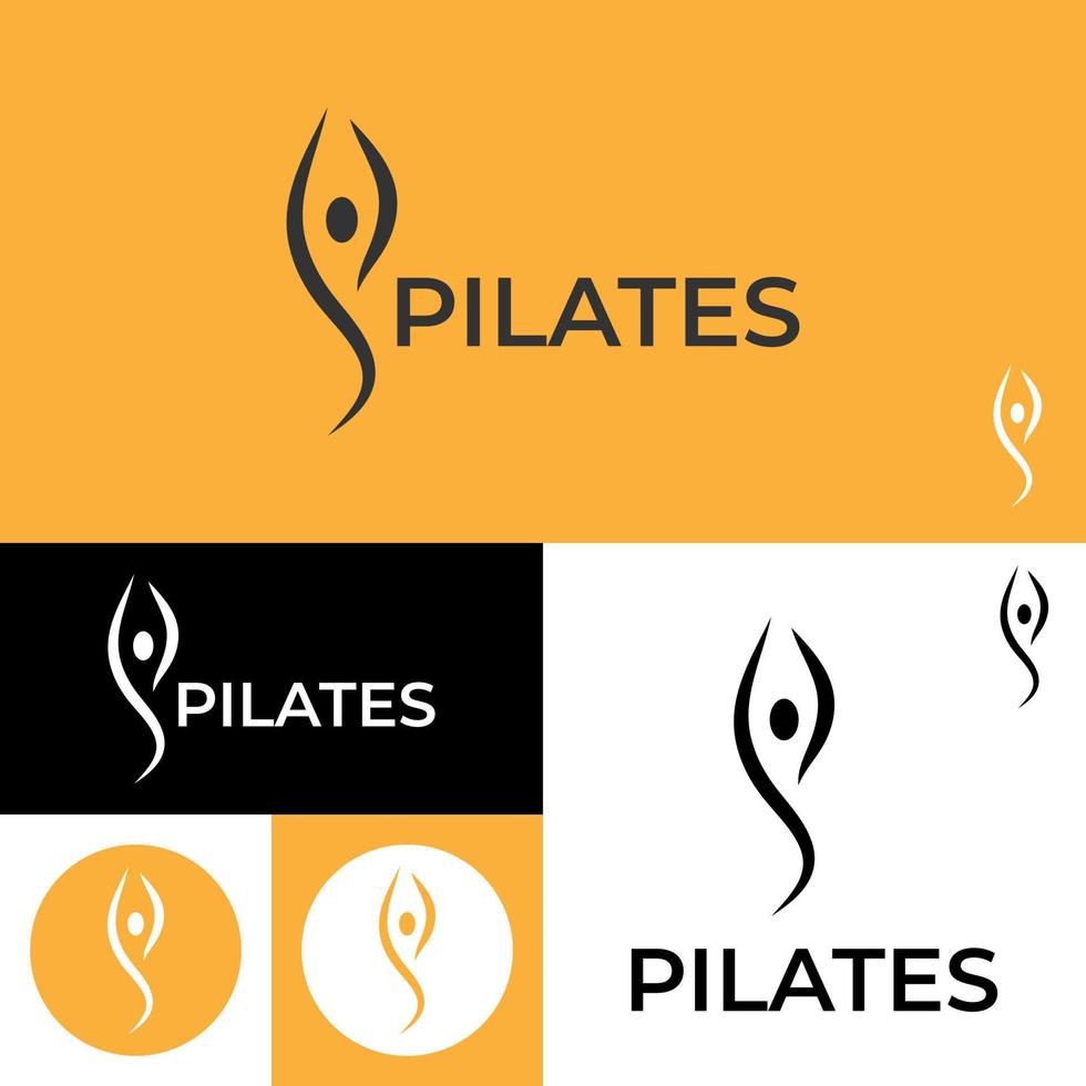 pilates logo.yoga kondition logotyp mall.vektor illustration.black, gul och vit Färg. vektor