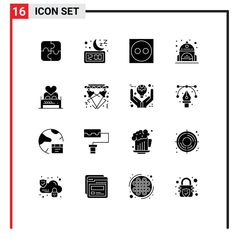 modern uppsättning av 16 fast glyfer pictograph av älskare säng tid tillbaka väska skola redigerbar vektor design element