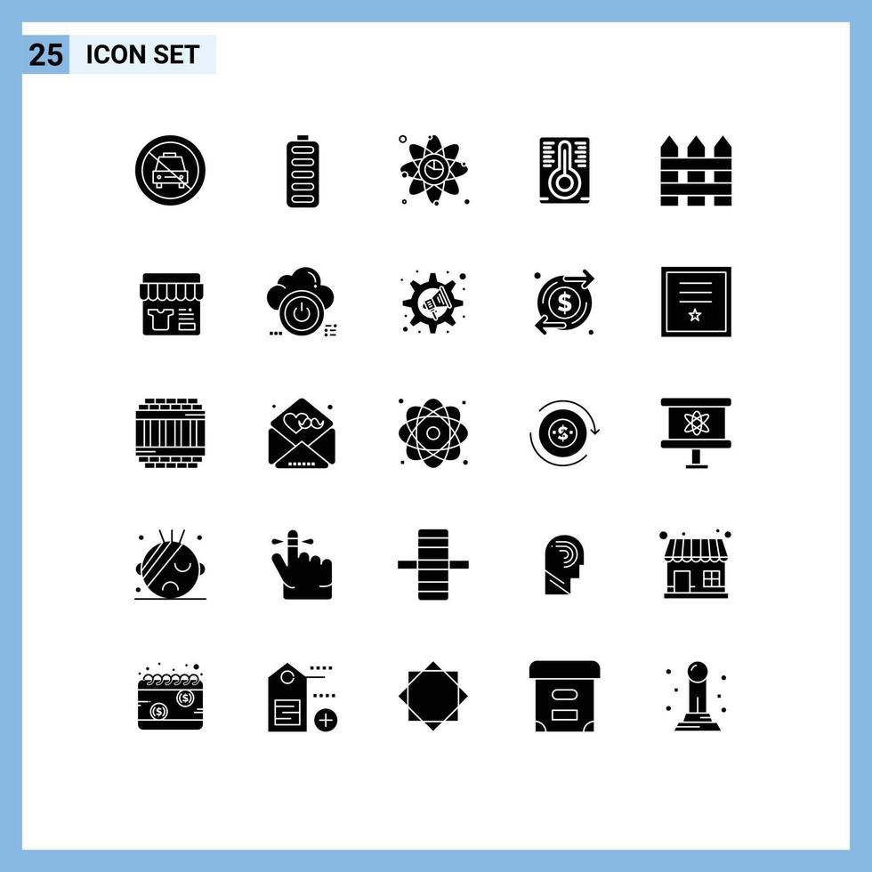 25 universelle solide Glyphen für Web- und mobile Anwendungen, Zauntemperaturmessung, Energietemperatur, Link, editierbare Vektordesign-Elemente vektor