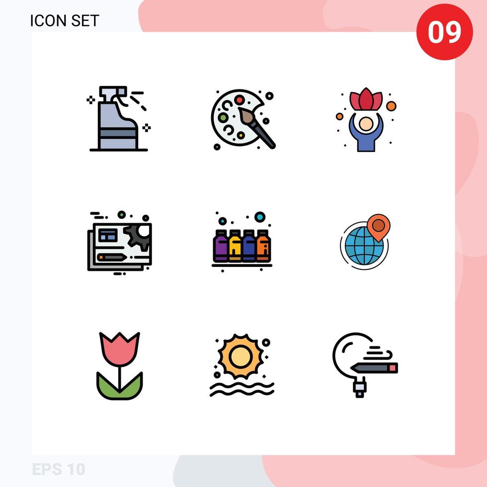 mobil gränssnitt fylld linje platt Färg uppsättning av 9 piktogram av flaska miljö övning redskap dokumentera redigerbar vektor design element