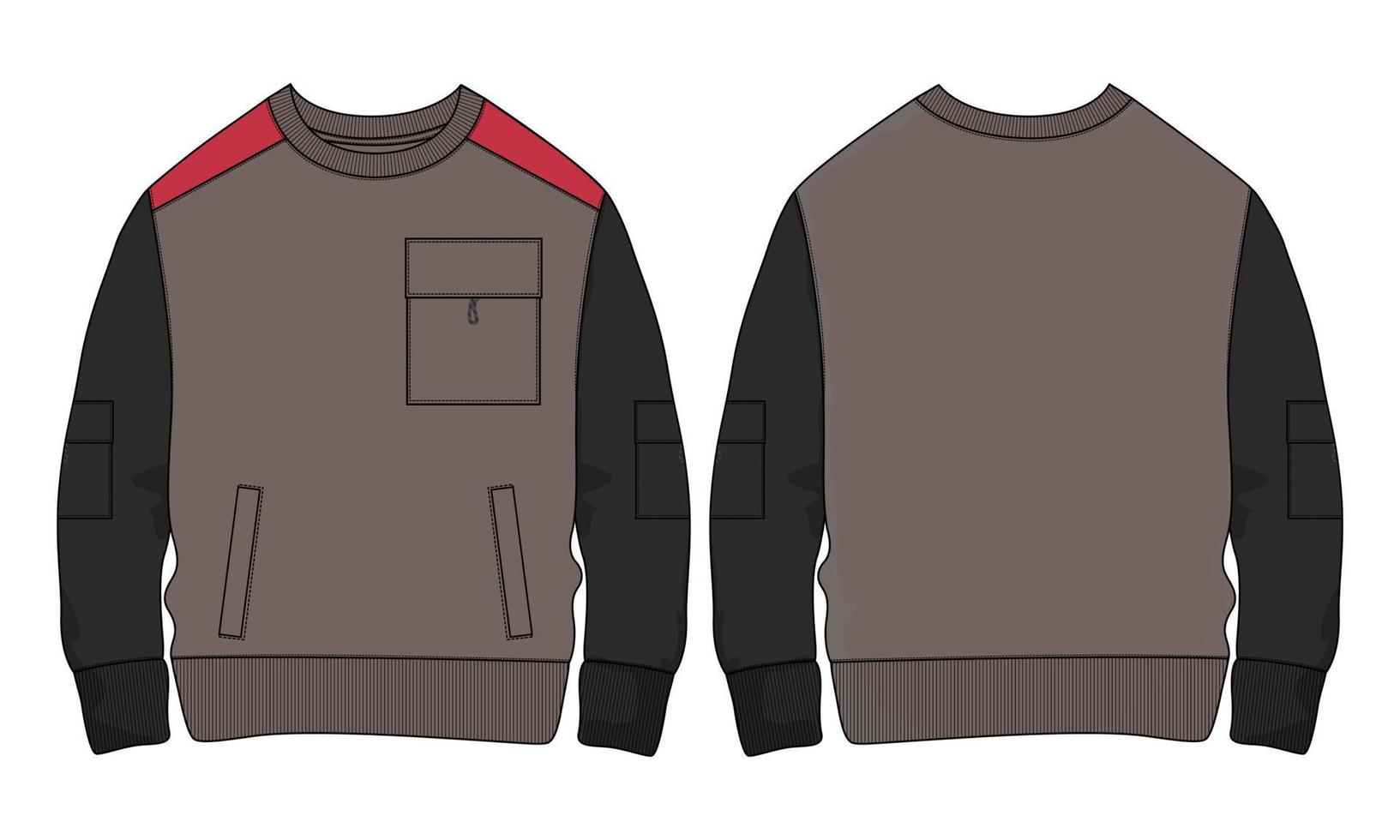 Fleece-Stoff Langarm mit Tasche Sweatshirt Jacke technische Zeichnung Mode flache Skizze Vektor Illustration Vorlage Vorder- und Rückansicht.