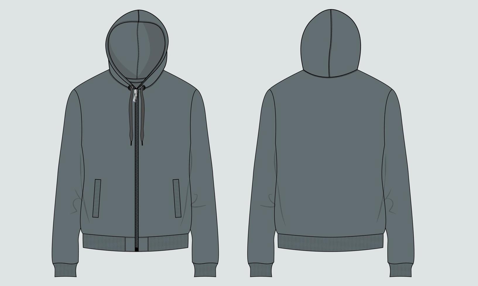 Langarm Hoodie technische Zeichnung Mode flache Skizze Vektor Illustration Vorlage Vorder- und Rückansichten.