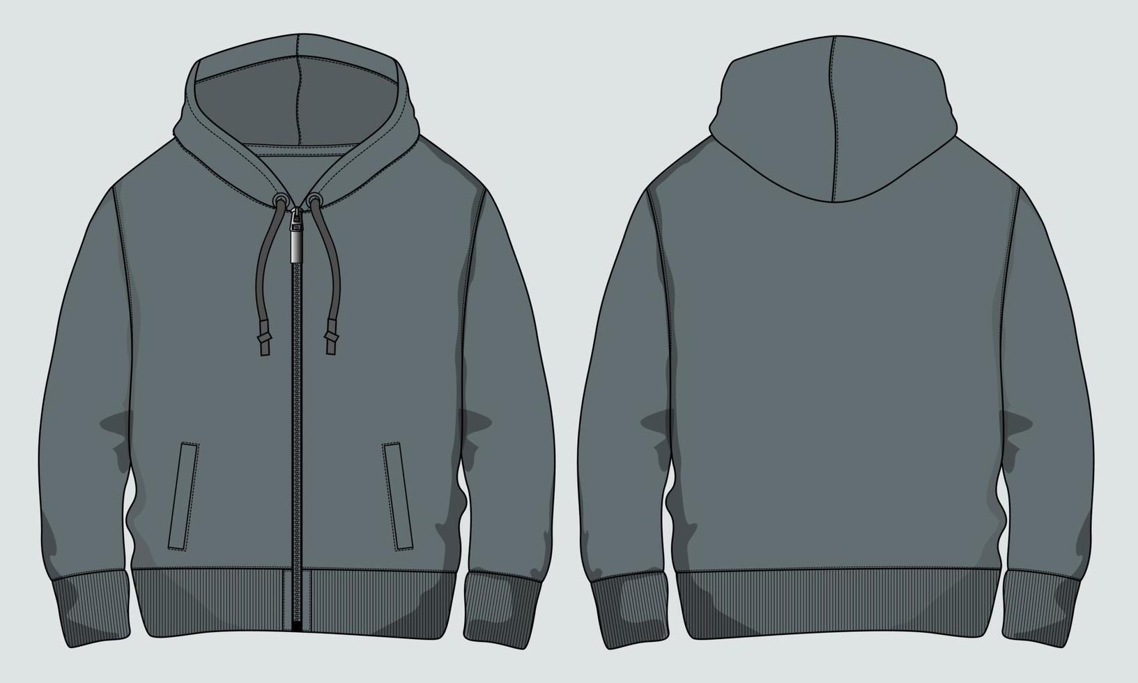 Langarm Hoodie technische Zeichnung Mode flache Skizze Vektor Illustration Vorlage Vorder- und Rückansichten.