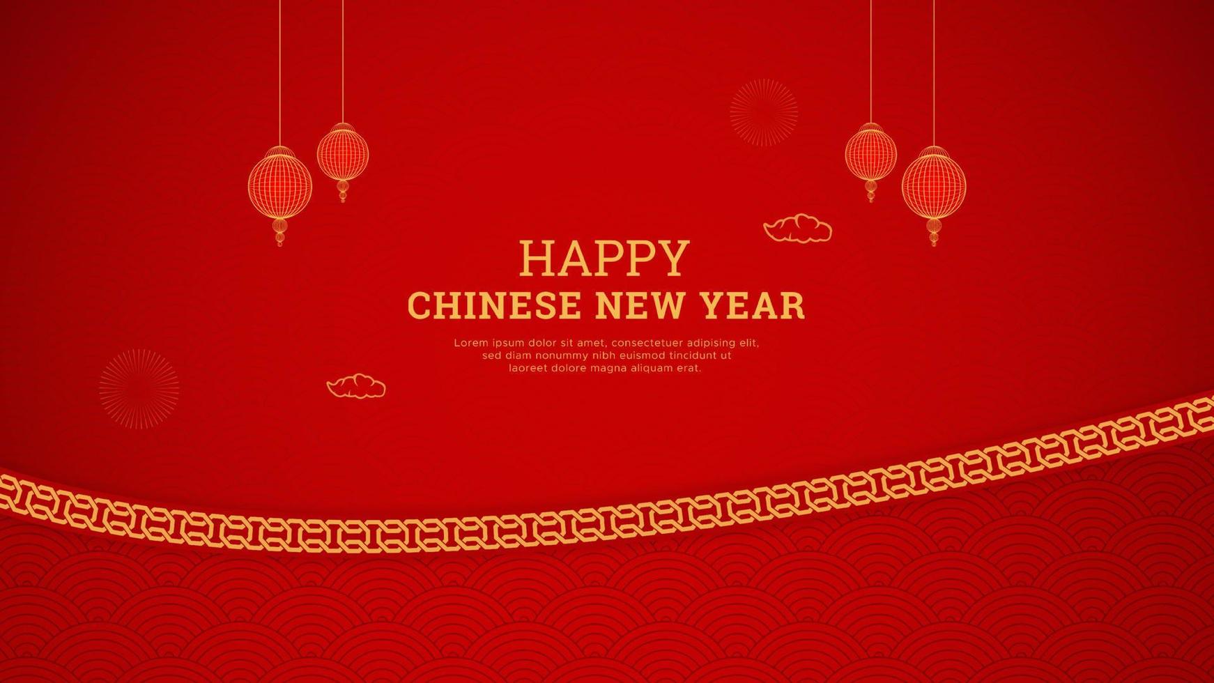 frohes chinesisches neujahrsrotes hintergrunddesign mit chinesischer grenze und laternen vektor