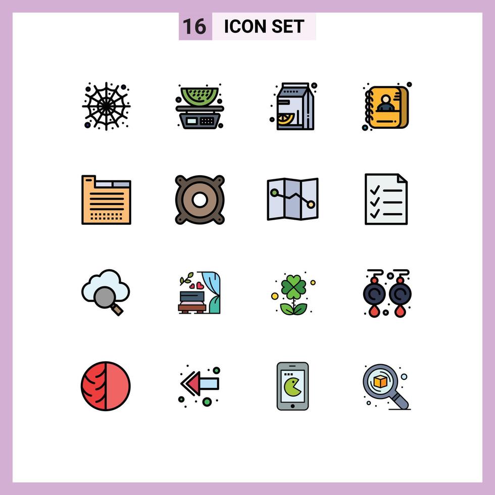 redigerbar vektor linje packa av 16 enkel platt Färg fylld rader av flikar id frukt data sökande redigerbar kreativ vektor design element