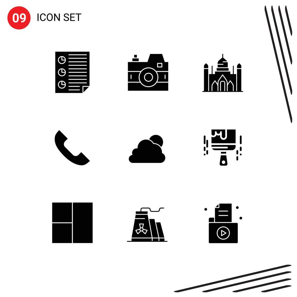 uppsättning av 9 vektor fast glyfer på rutnät för himmel telefon fotografi telefon lalbagh redigerbar vektor design element