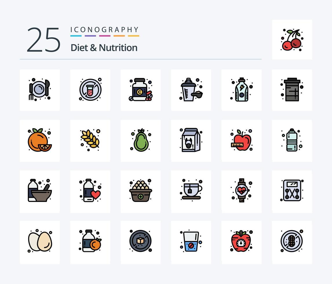 Diät und Ernährung 25 Zeilen gefülltes Icon Pack inklusive Protein. Fitness. Arzneimittel. Diät. Nahrungsergänzung vektor