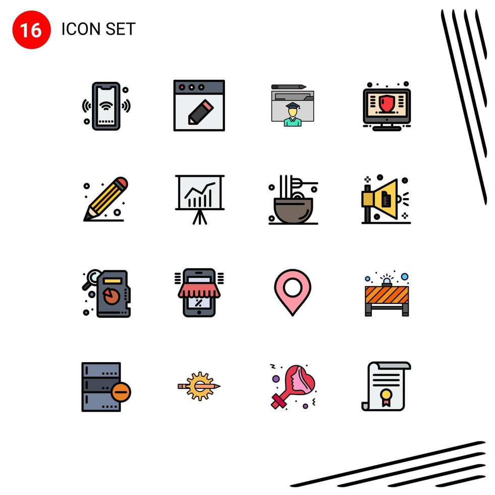 16 universelle, flache, farbgefüllte Linien für Web- und mobile Anwendungen schützen editierbare kreative Vektordesign-Elemente des Marketing-Avatar-Management-Gelehrten vektor