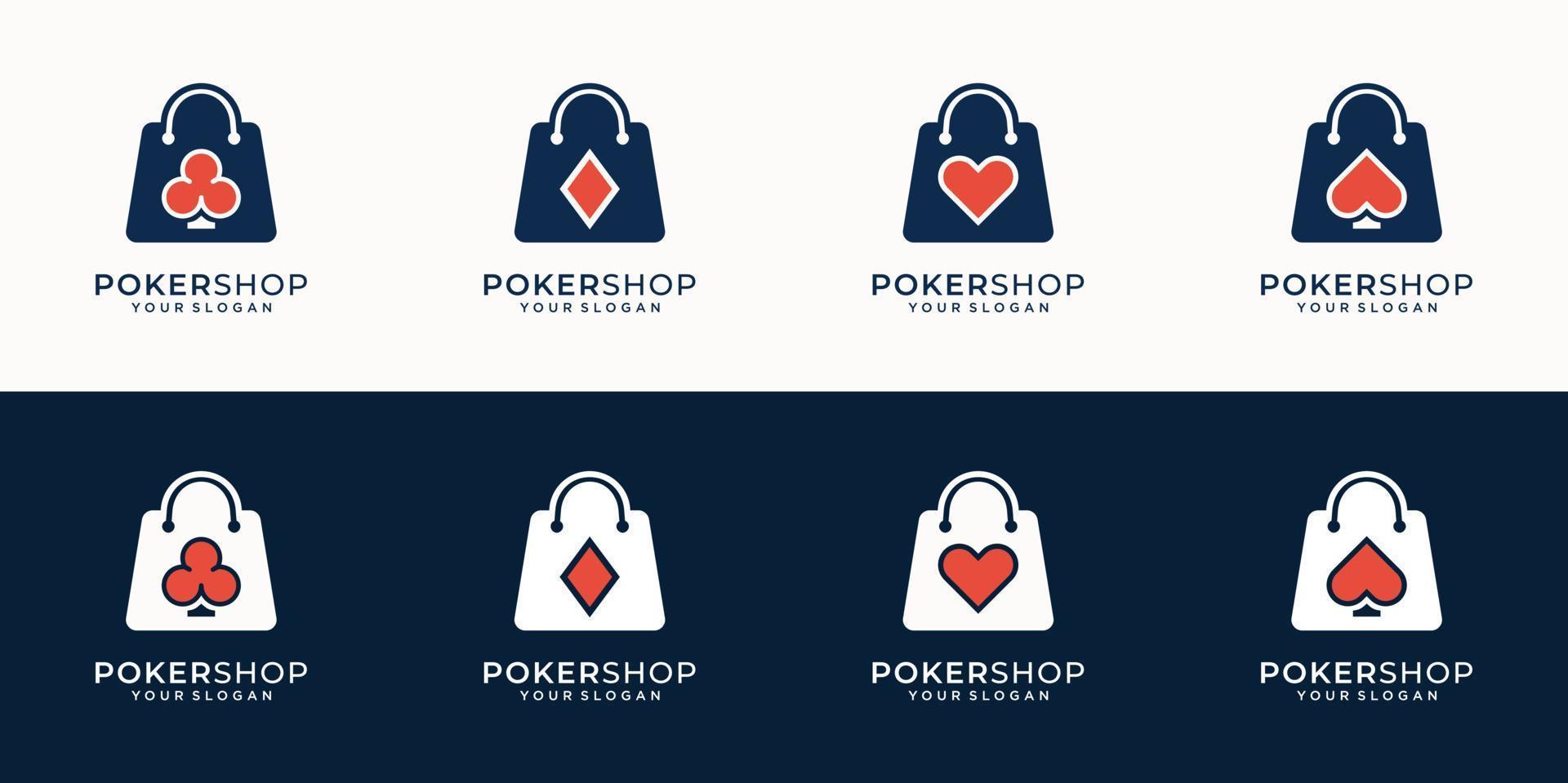 satz kreativer logo-poker- und shop-kombination im modernen stil design der silhouette. shop-logo, geschäft, poker, königlich, ass, kasino, vektorillustration. Premium-Vektor vektor