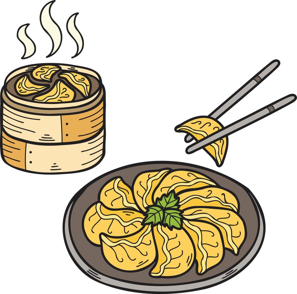 hand gezeichnete gyoza oder knödel mit bambustablett chinesische und japanische lebensmittelillustration vektor