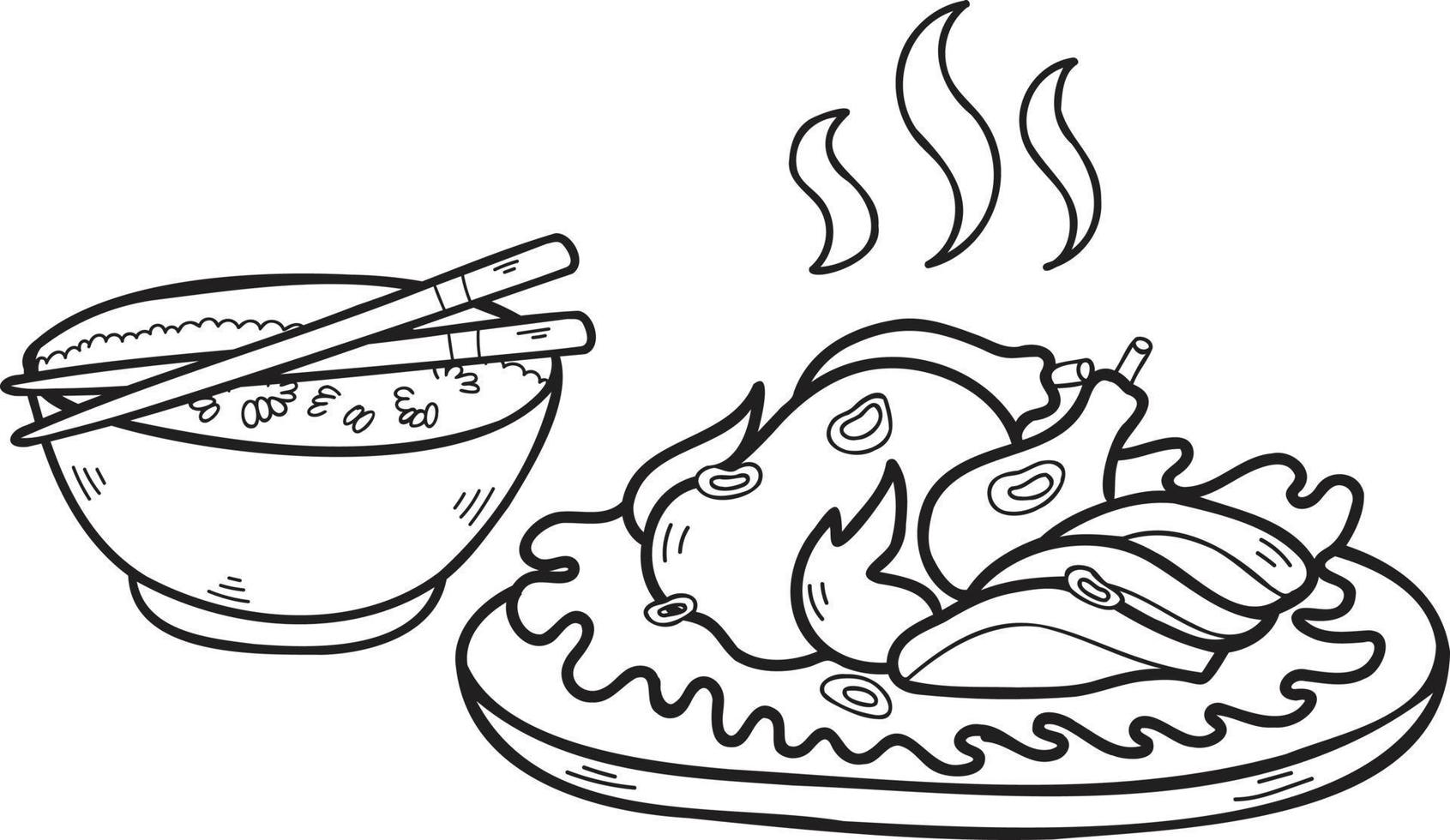 hand gezeichneter reis mit gegrilltem hähnchen chinesische und japanische lebensmittelillustration vektor