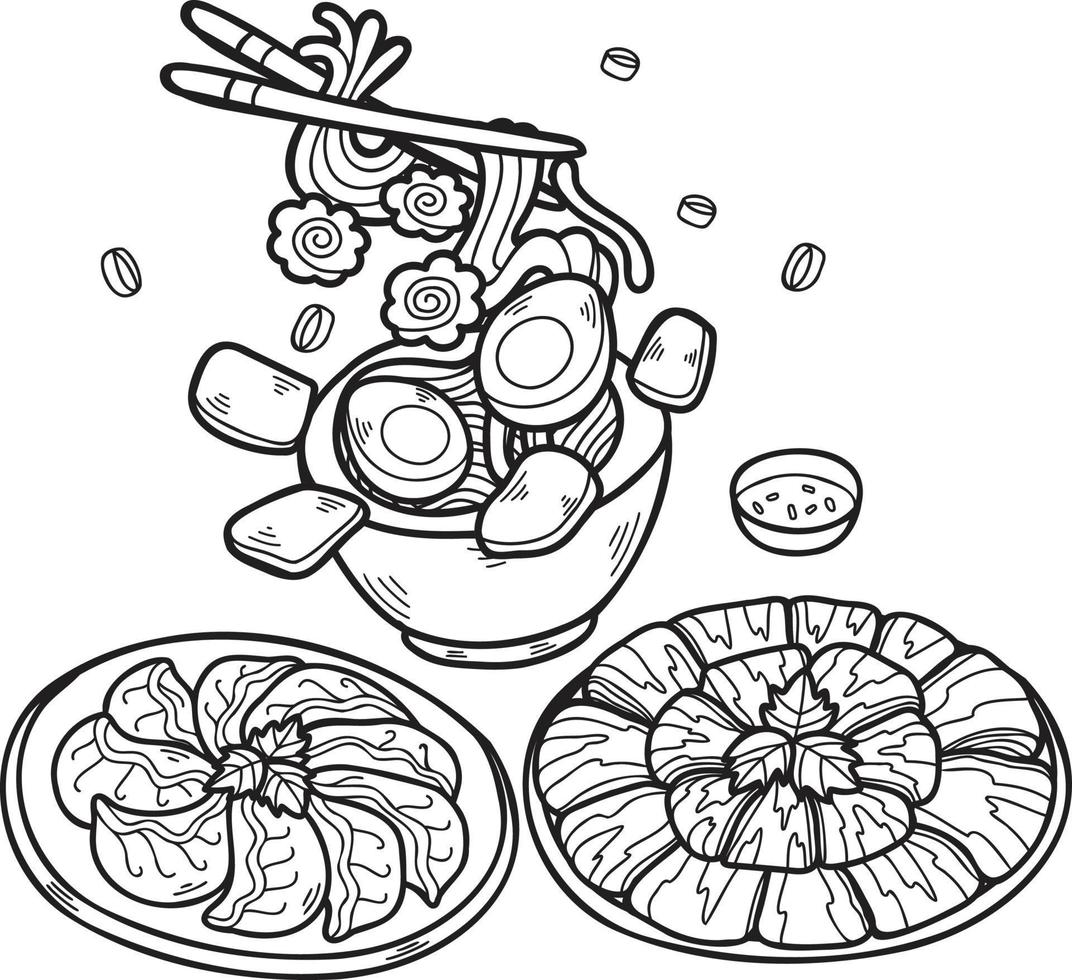 hand dragen spaghetti och gyoza kinesisk och japansk mat illustration vektor