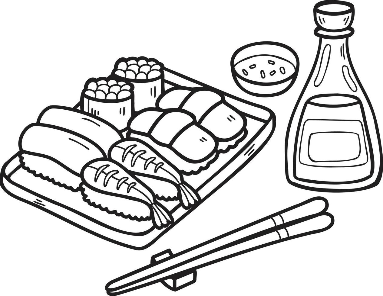 hand dragen sushi och ätpinnar kinesisk och japansk mat illustration vektor
