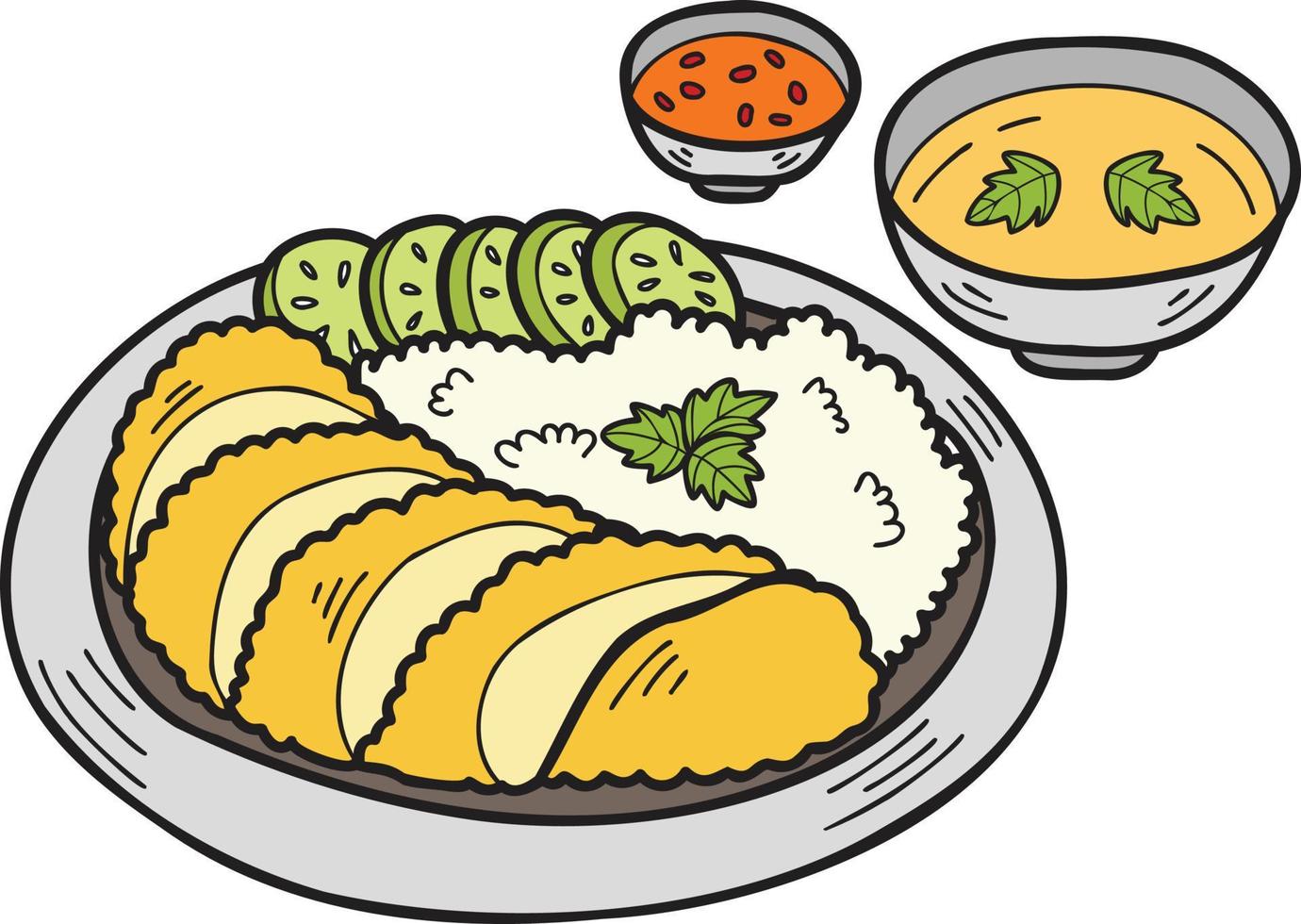 hand gezeichnetes gebratenes schweinefleisch mit reis und suppe chinesische und japanische lebensmittelillustration vektor