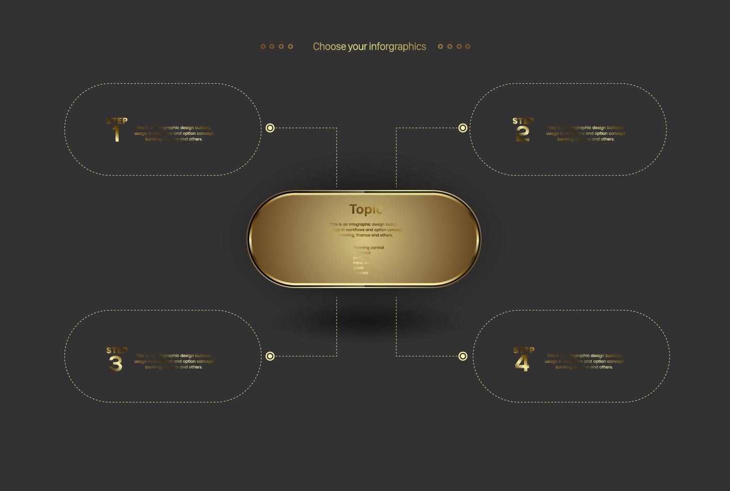 fem gyllene Diagram av steg , 5 guld banderoller och diagram avrundad förbi 4 former olyx element, vektor och illustrationer mall design.