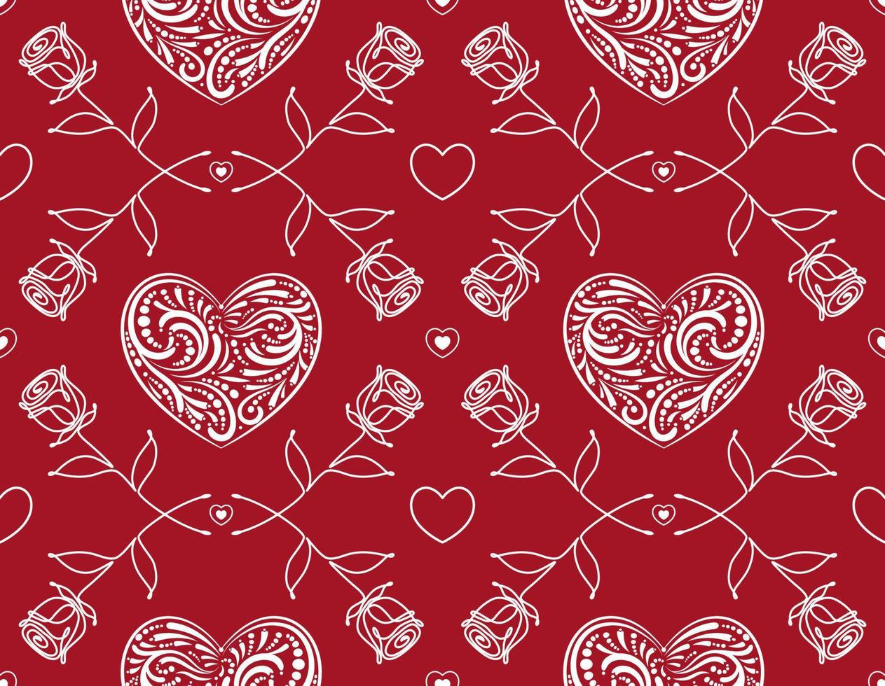 roter Hintergrund mit weißen Spitzenherzen und einer gezeichneten Rose der Linie. nahtloses Muster. dekoration für den valentinstag, liebe romantisches thema. gut zum Verpacken, Textil, Drucken, Hochzeitsdekor vektor